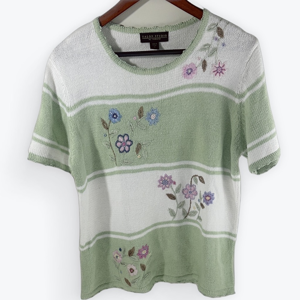 Vintage Sag Harbor Green and White Floral Knit Short Sleeve Top Size Medium